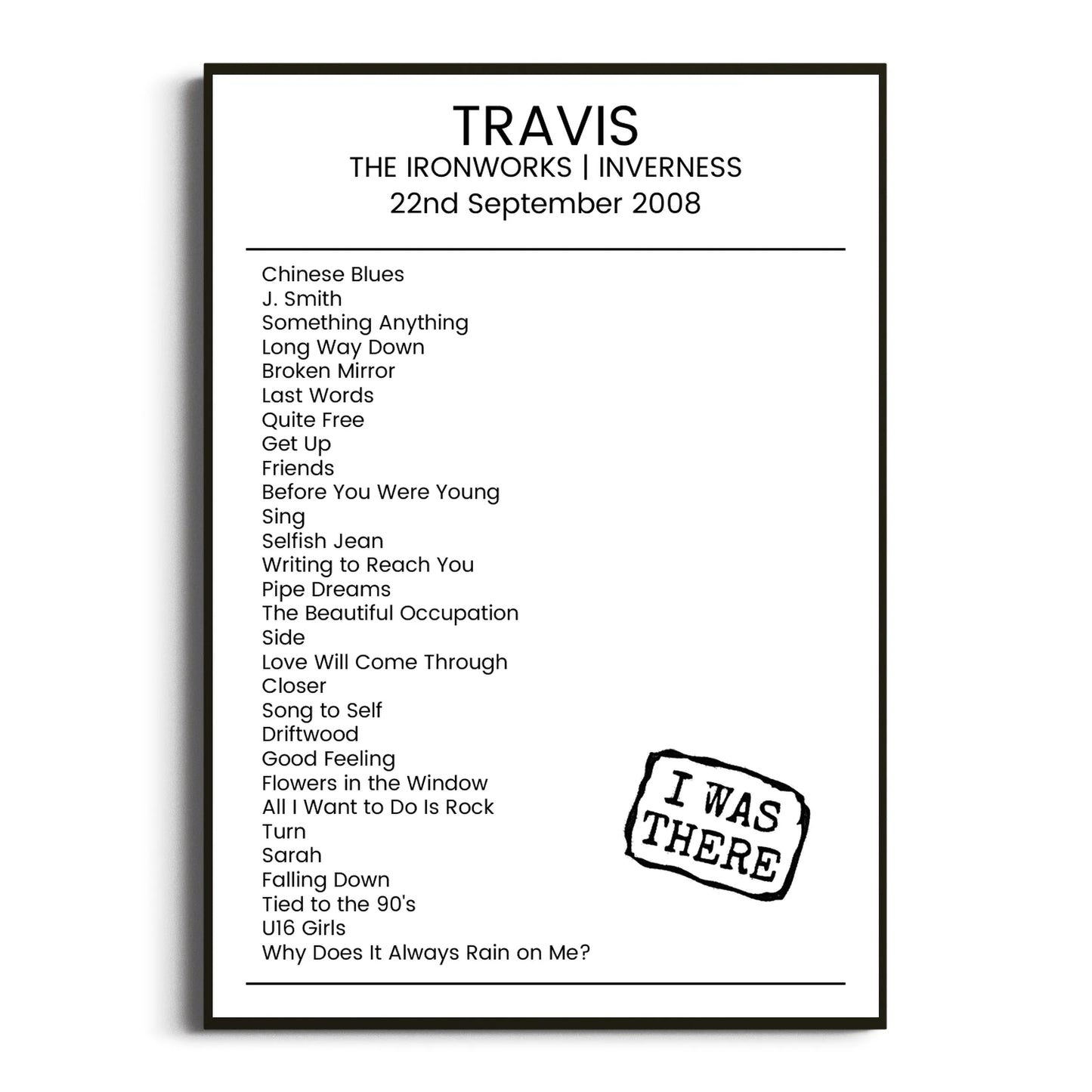 Travis Inverness 22 September 2008 Setlist Poster