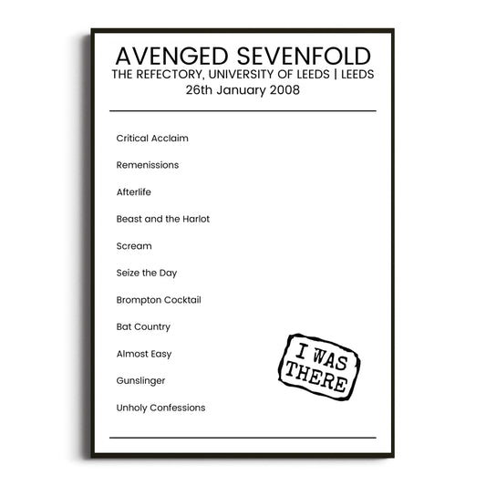 Avenged Sevenfold Leeds 26 January 2008 Setlist Poster