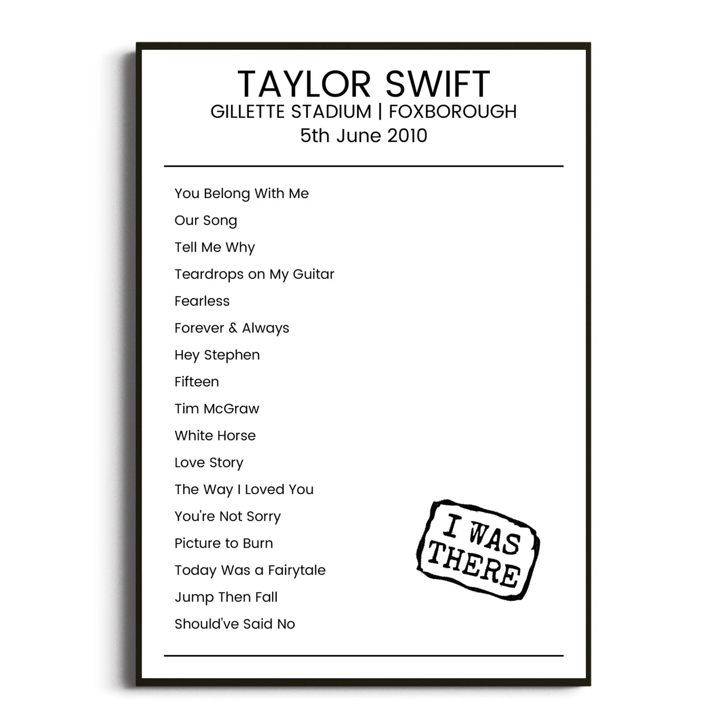 Taylor Swift Foxborough 05 June 2010 Setlist Poster