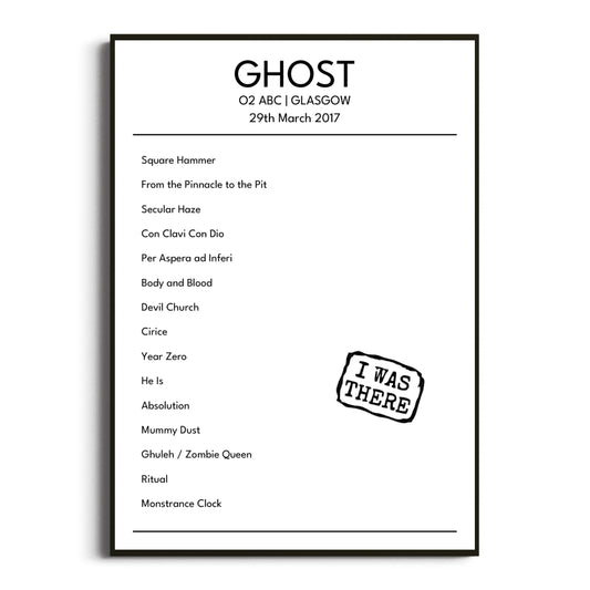 Ghost Glasgow 29 March 2017 Setlist Poster