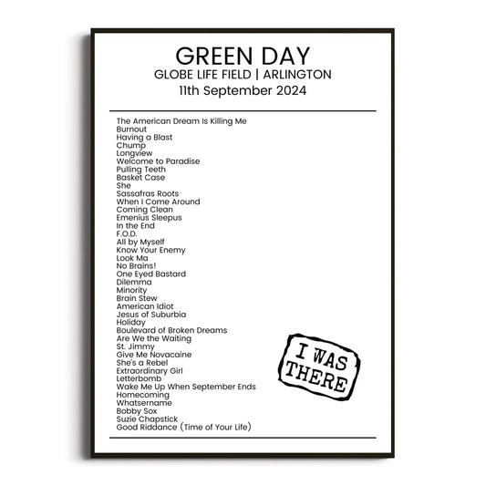 Green Day Arlington 11 September 2024 Setlist Poster