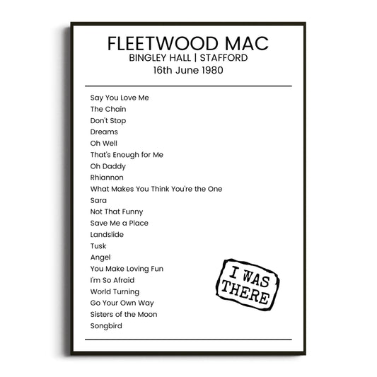 Fleetwood Mac Stafford 16 June 1980 Setlist Poster