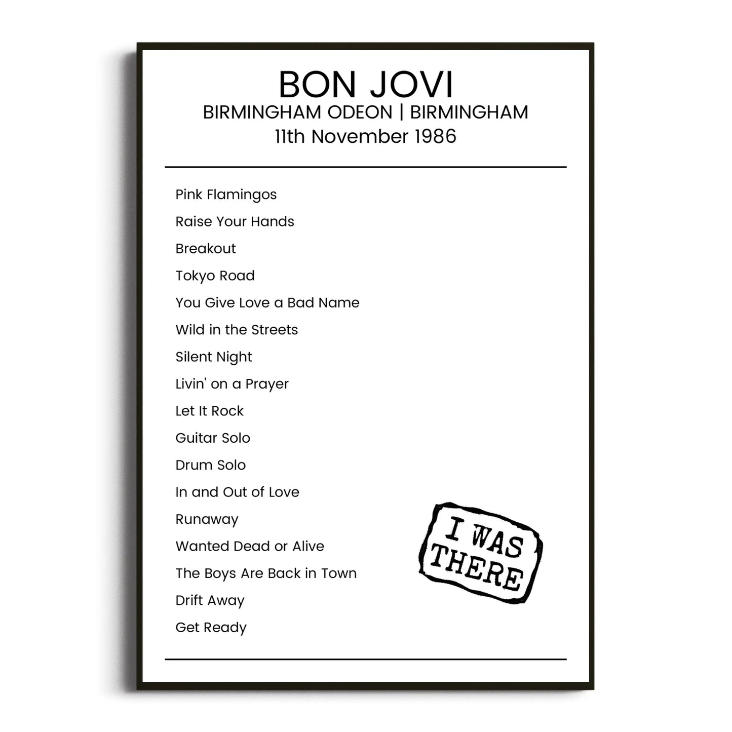 Bon Jovi Birmingham 11 November 1986 Setlist Poster