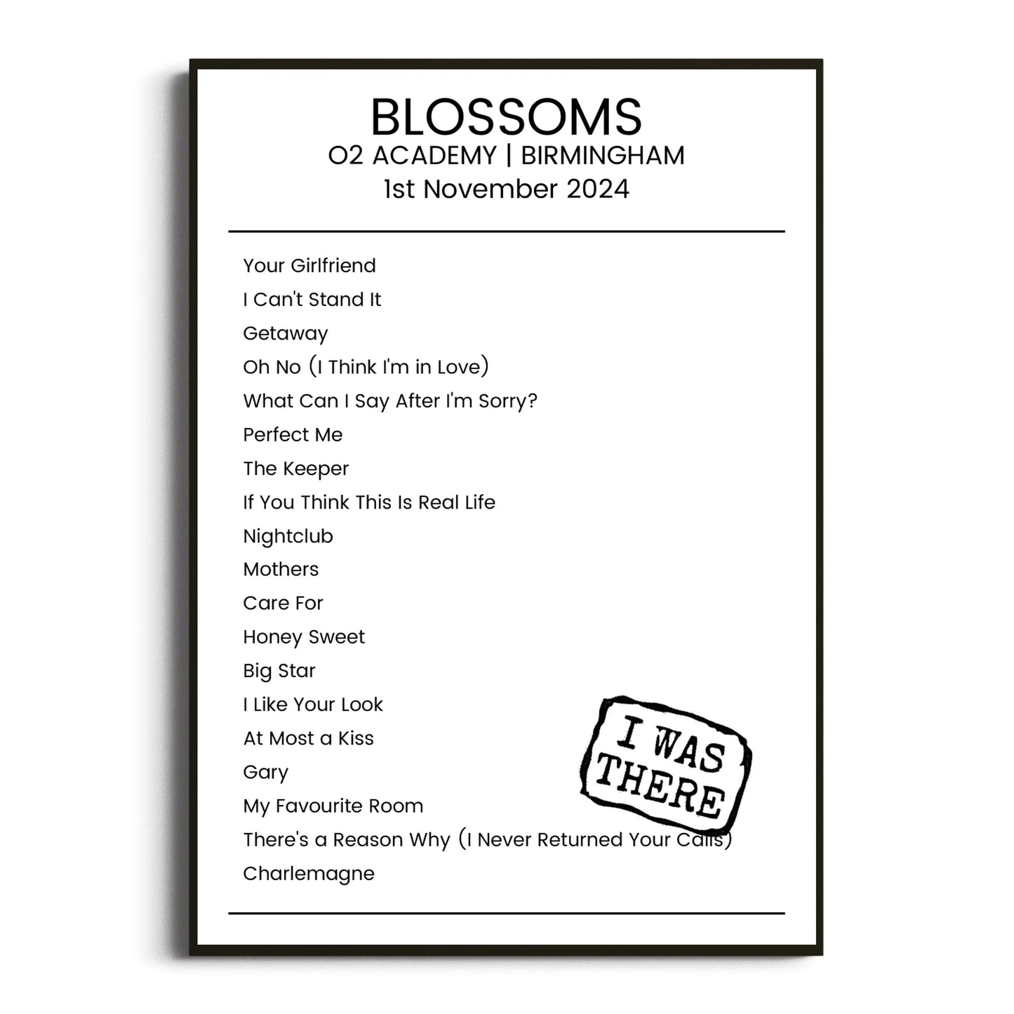 Blossoms Birmingham 01 November 2024 Setlist Poster