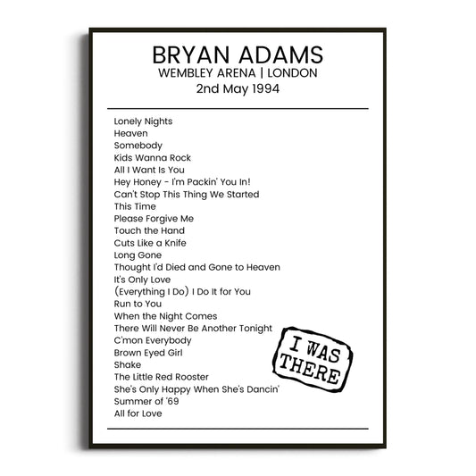 Bryan Adams London 02 May 1994 Setlist Poster