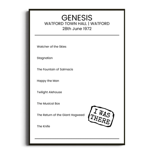 Genesis Watford 28 June 1972 Setlist Poster