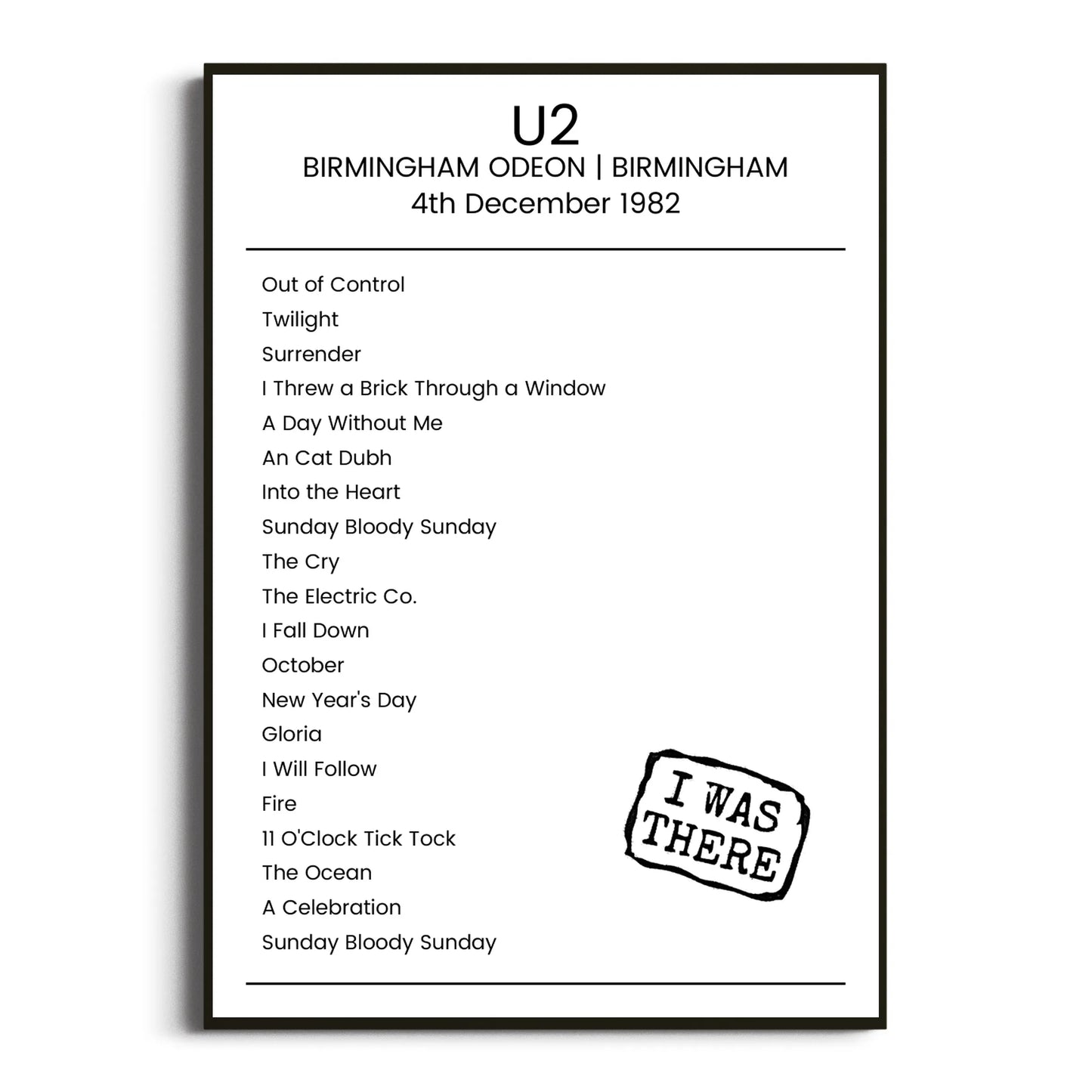 U2 Birmingham 04 December 1982 Setlist Poster