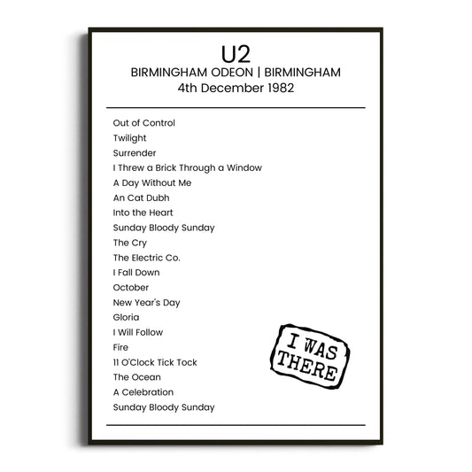 U2 Birmingham 04 December 1982 Setlist Poster