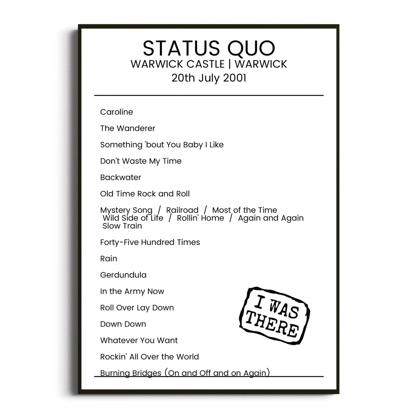 Status Quo Warwick 20 July 2001 Setlist Poster