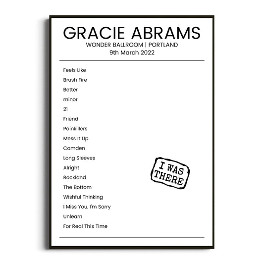 Gracie Abrams Portland 09 March 2022 Setlist Poster