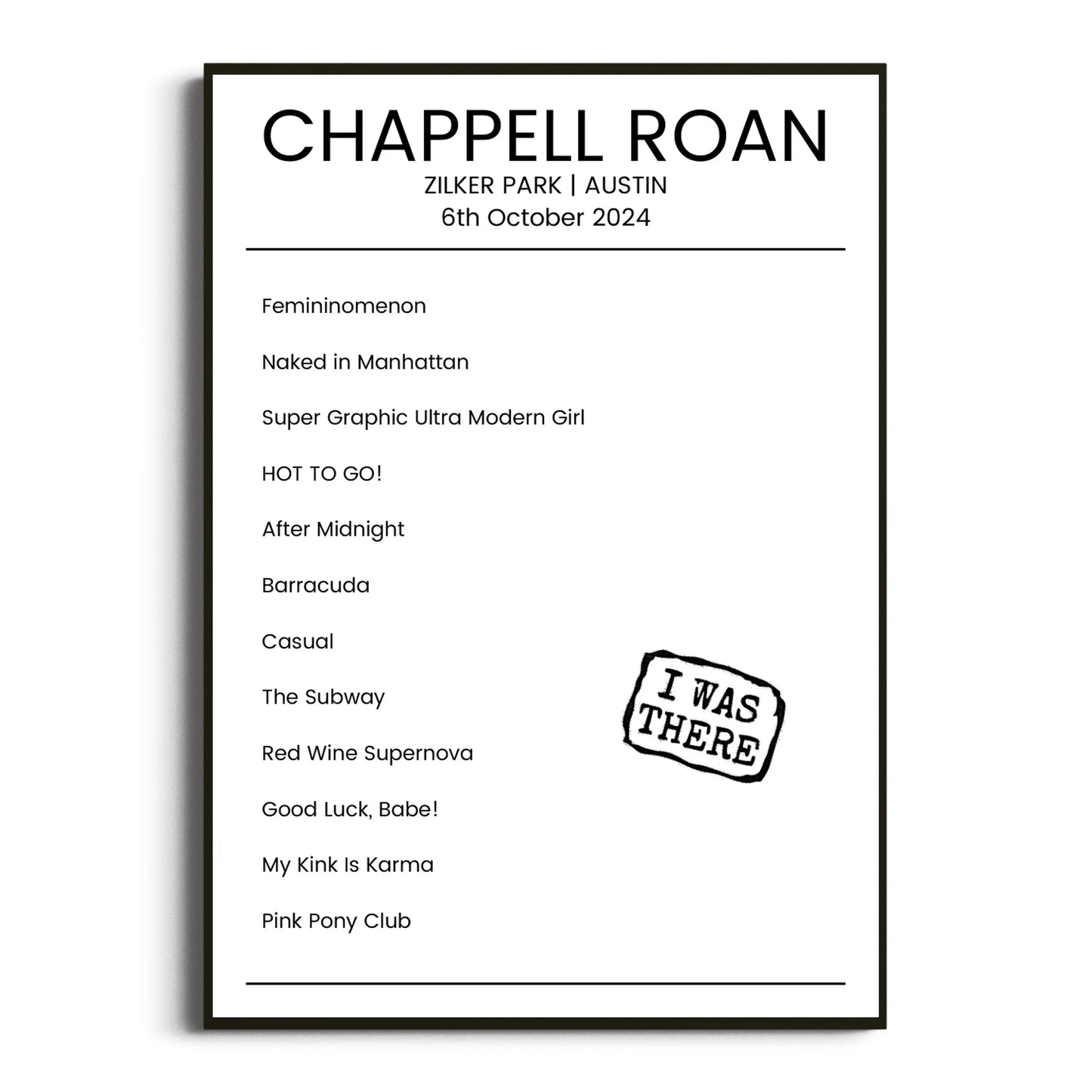 Chappell Roan Austin 06 October 2024 Setlist Poster