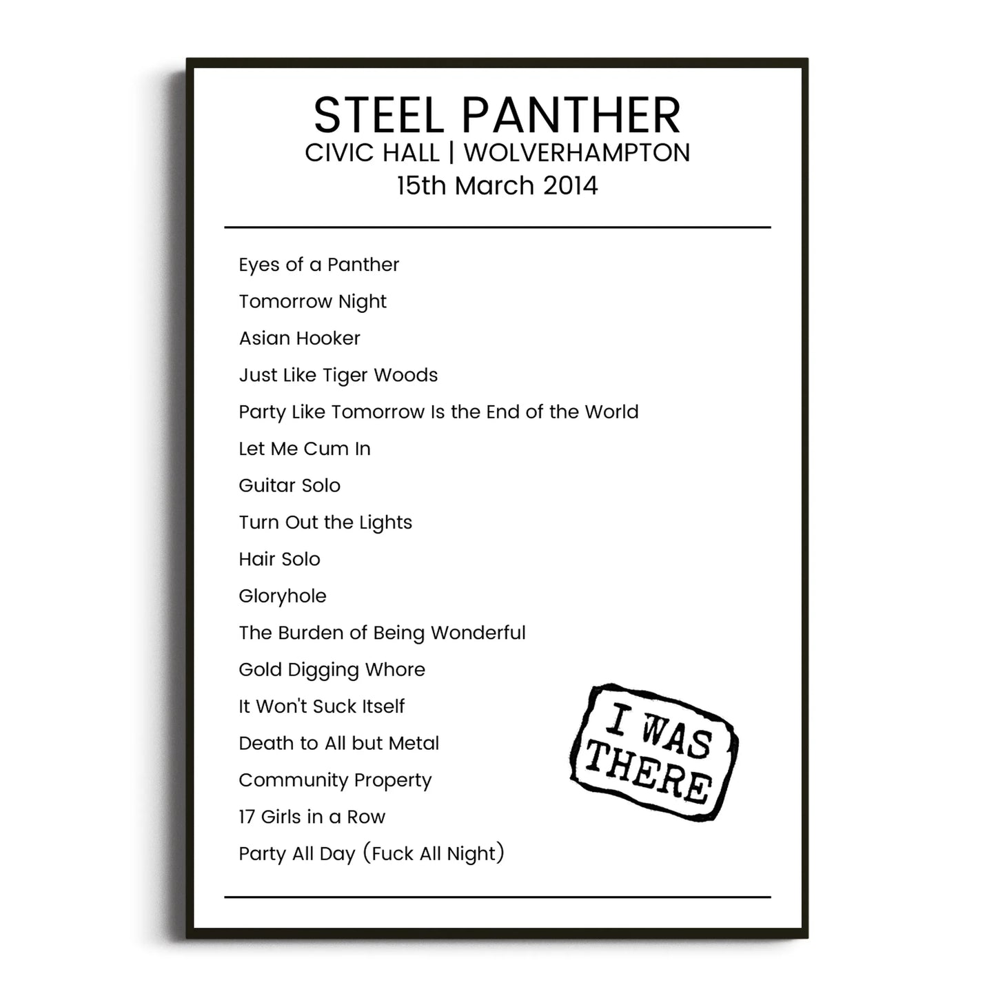 Steel Panther Wolverhampton 15 March 2014 Setlist Poster