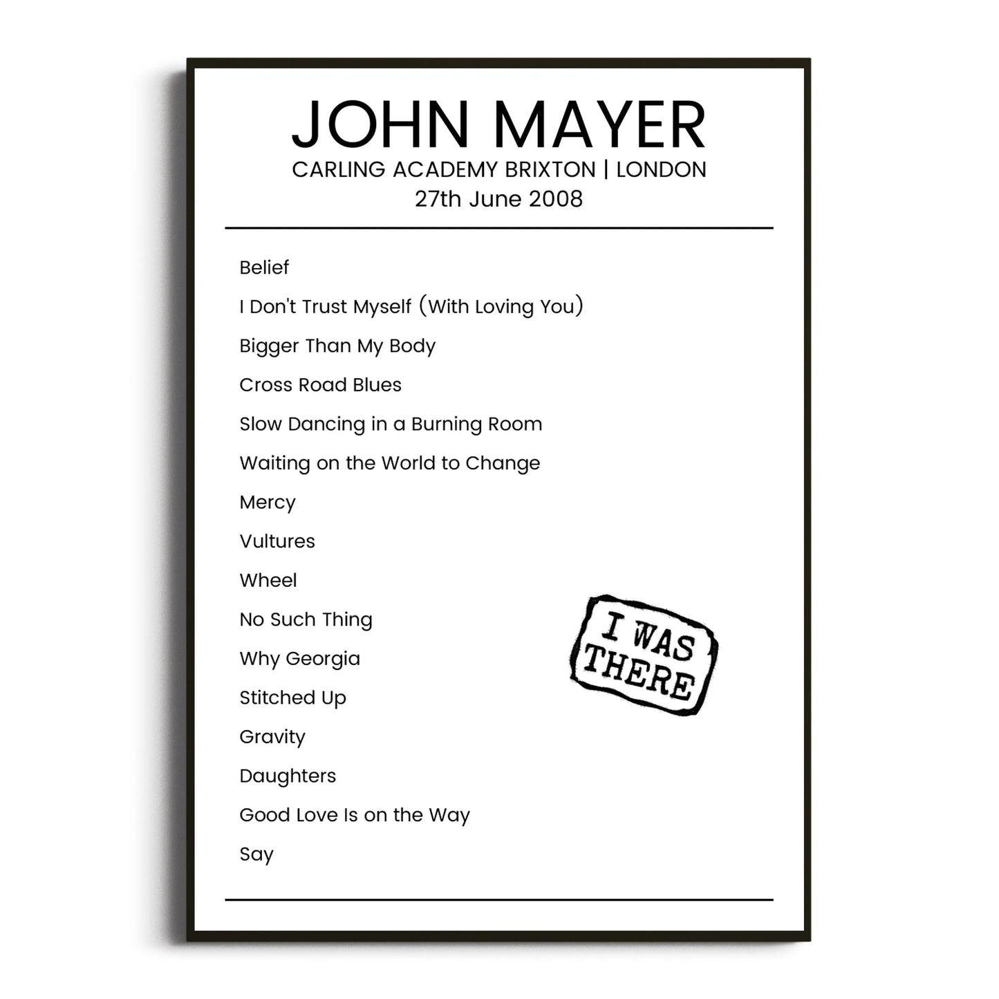 John Mayer London 27 June 2008 Setlist Poster