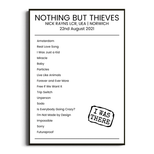 Nothing But Thieves Norwich 22 August 2021 Setlist Poster