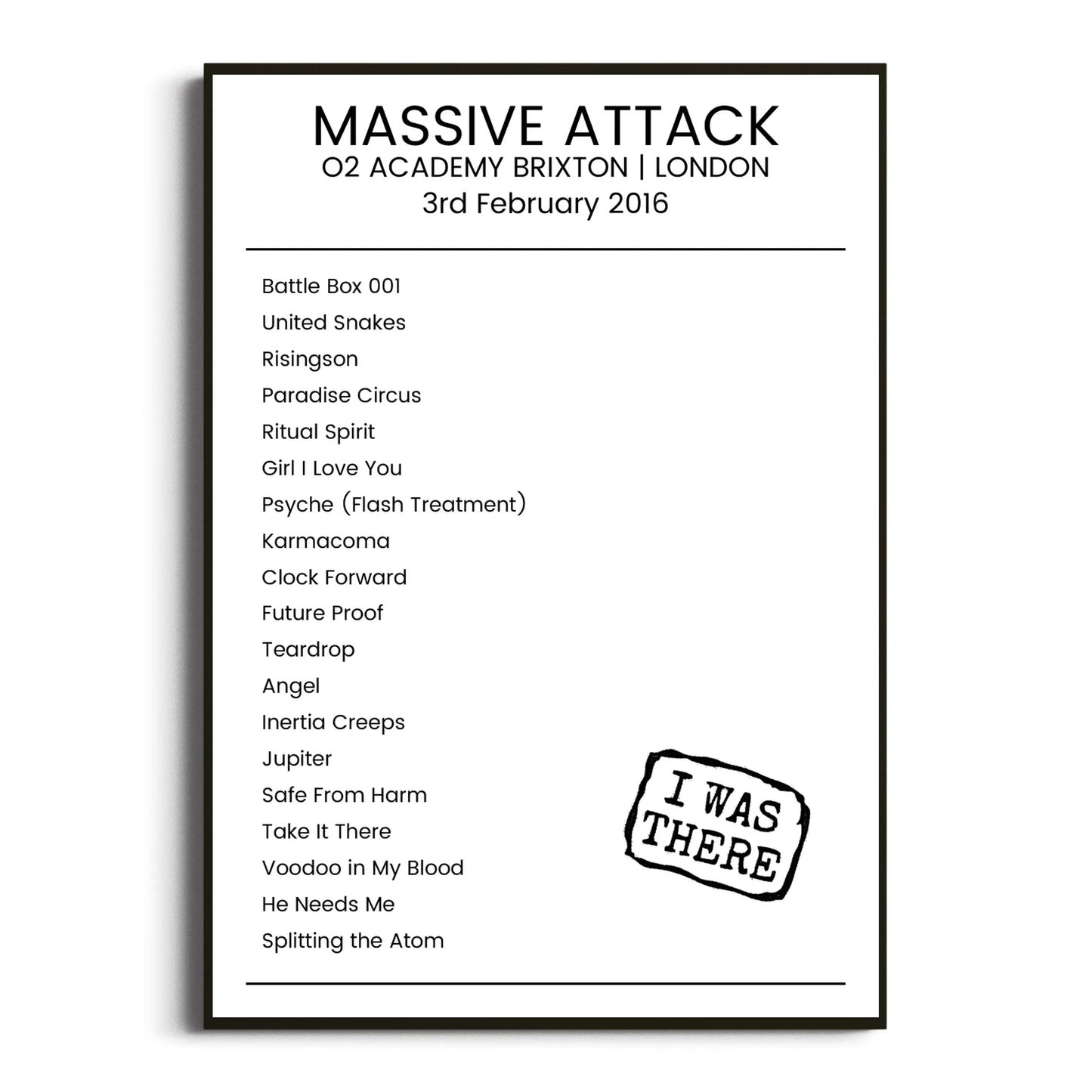 Massive Attack London 03 February 2016 Setlist Poster