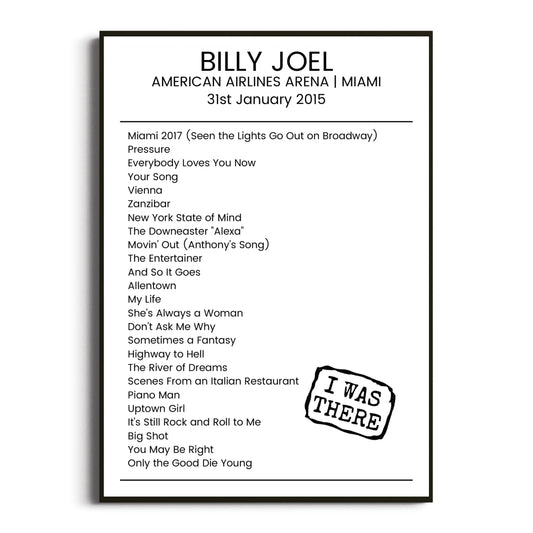 Billy Joel Miami 31 January 2015 Setlist Poster