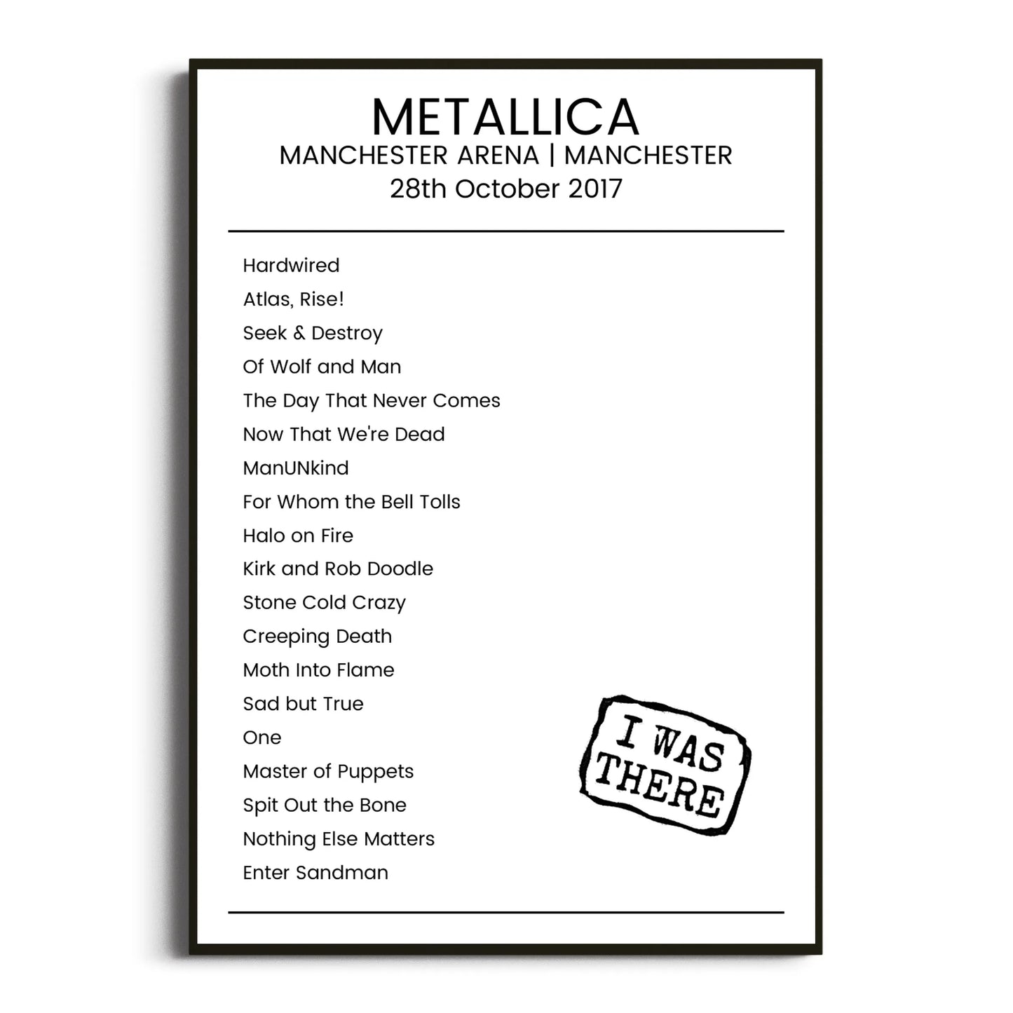 Metallica Manchester 28 October 2017 Setlist Poster