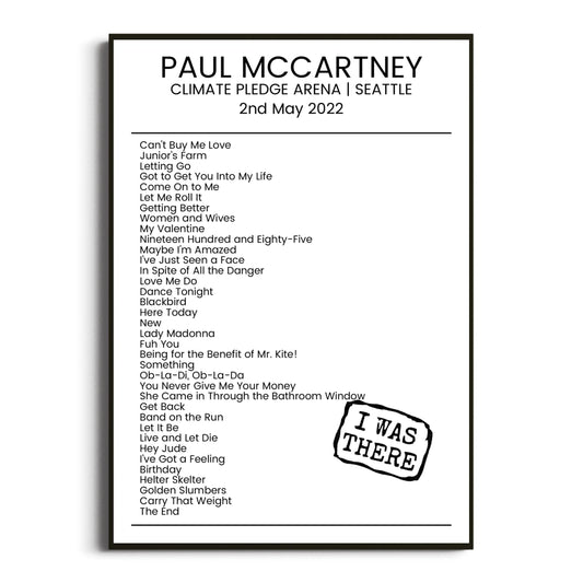 Paul McCartney Seattle 02 May 2022 Setlist Poster