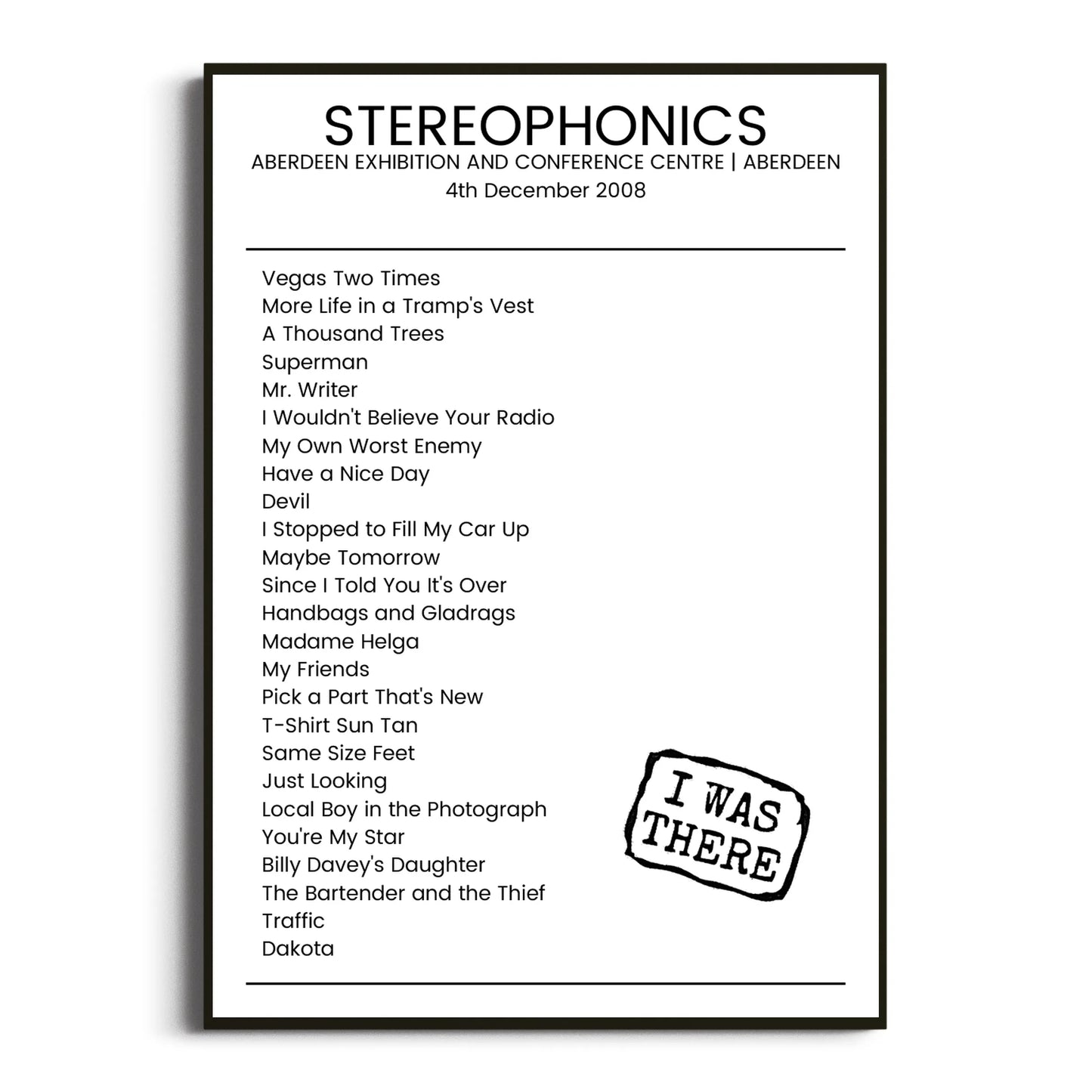 Stereophonics Aberdeen 04 December 2008 Setlist Poster