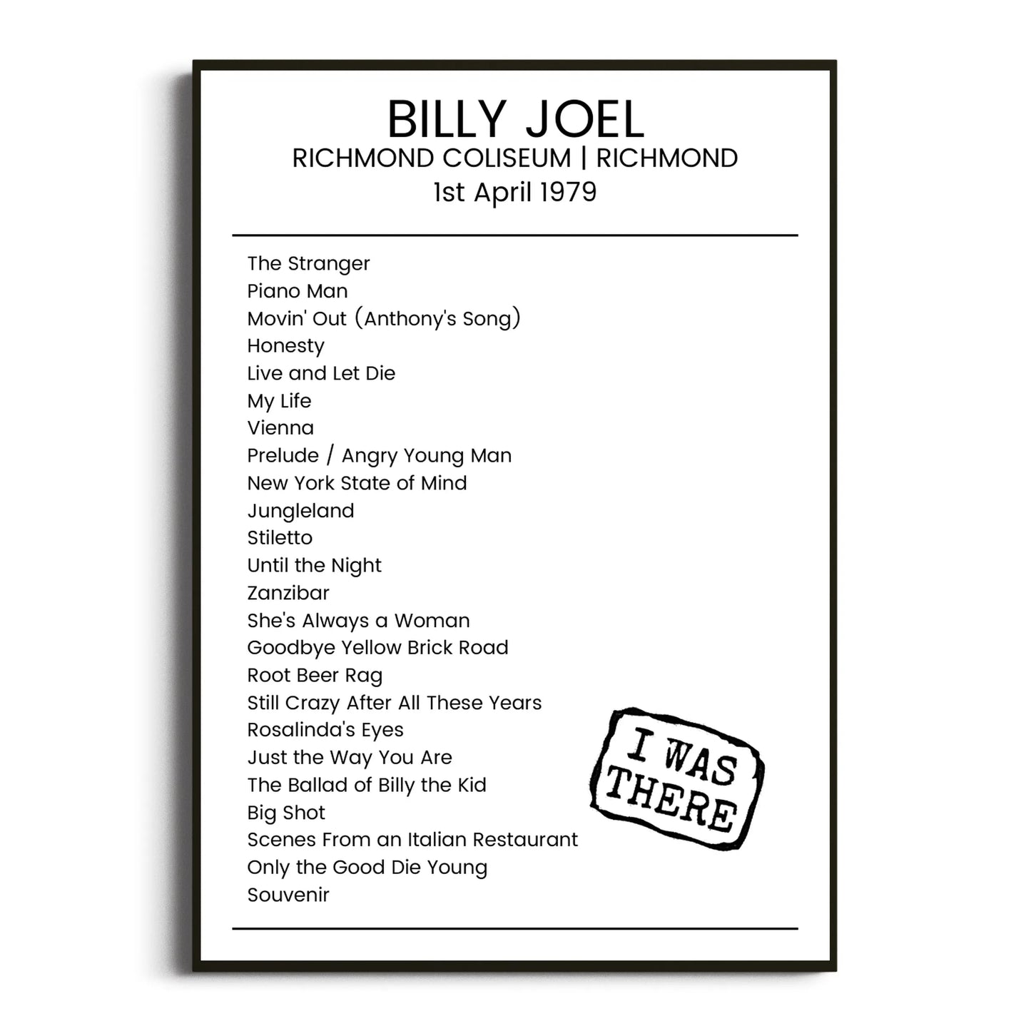 Billy Joel Richmond 01 April 1979 Setlist Poster