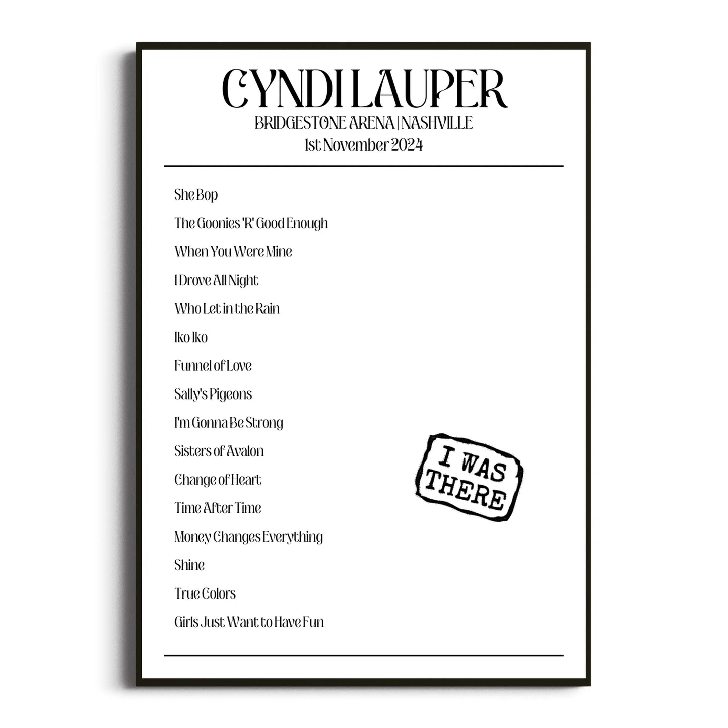 Cyndi Lauper Nashville 01 November 2024 Setlist Poster