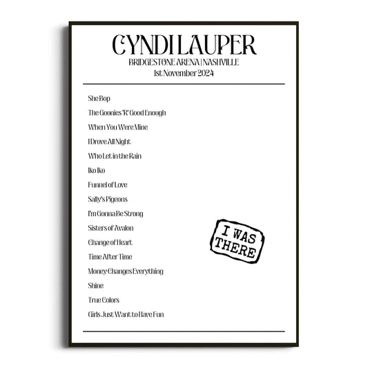 Cyndi Lauper Nashville 01 November 2024 Setlist Poster