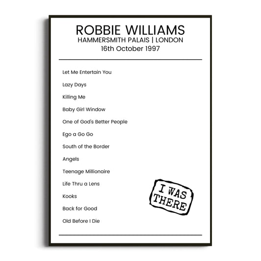 Robbie Williams London 16 October 1997 Setlist Poster