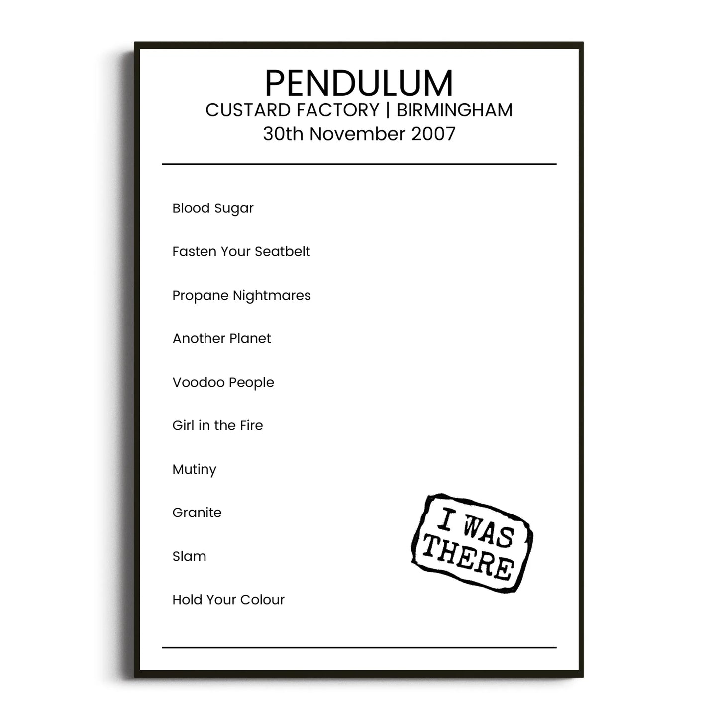 Pendulum Birmingham 30 November 2007 Setlist Poster