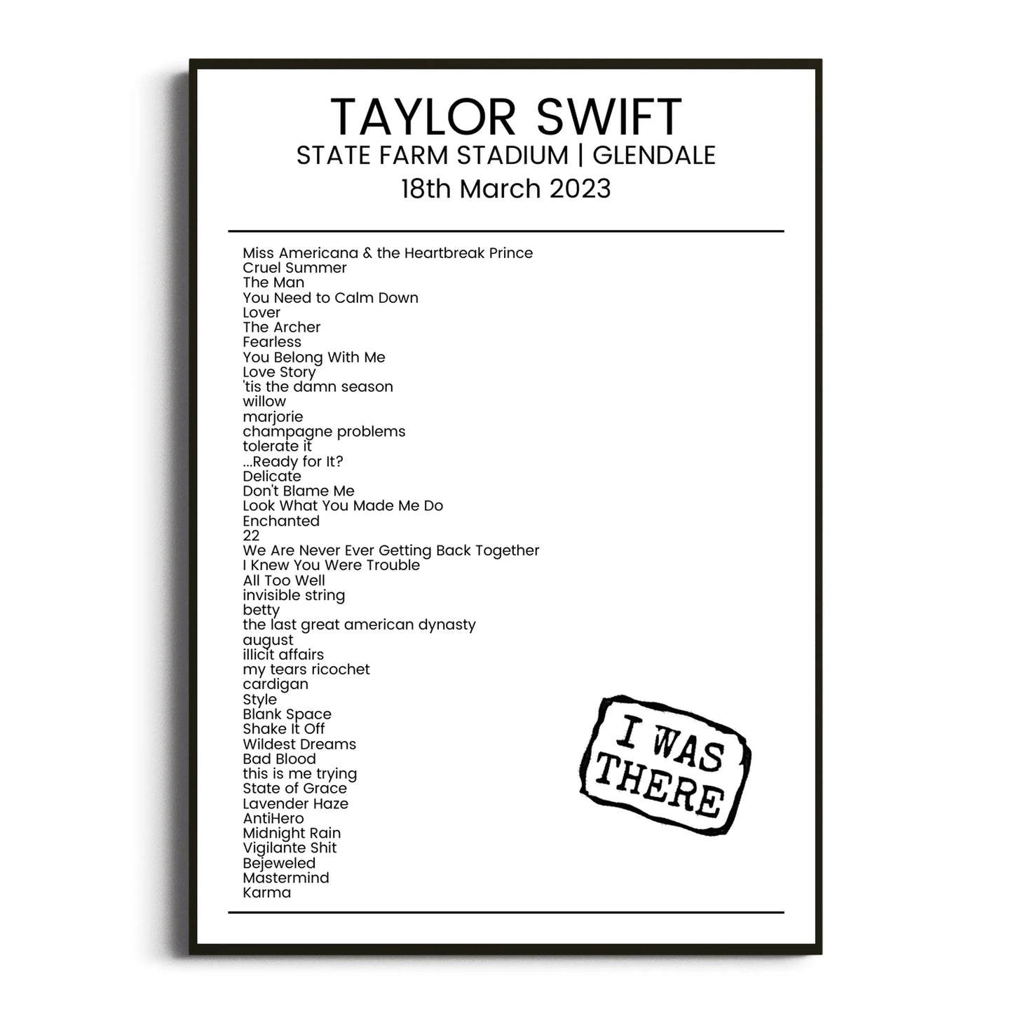 Taylor Swift Glendale 18 March 2023 Setlist Poster