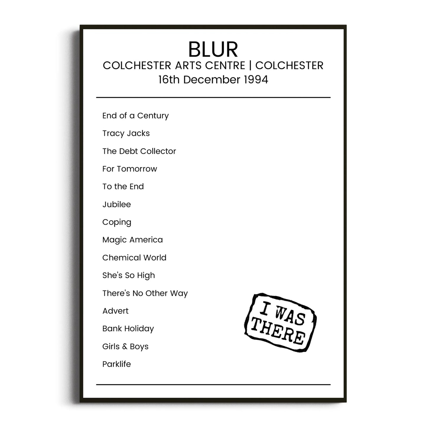 Blur Colchester 16 December 1994 Setlist Poster