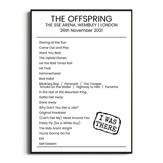 The Offspring London 26 November 2021 Setlist Poster