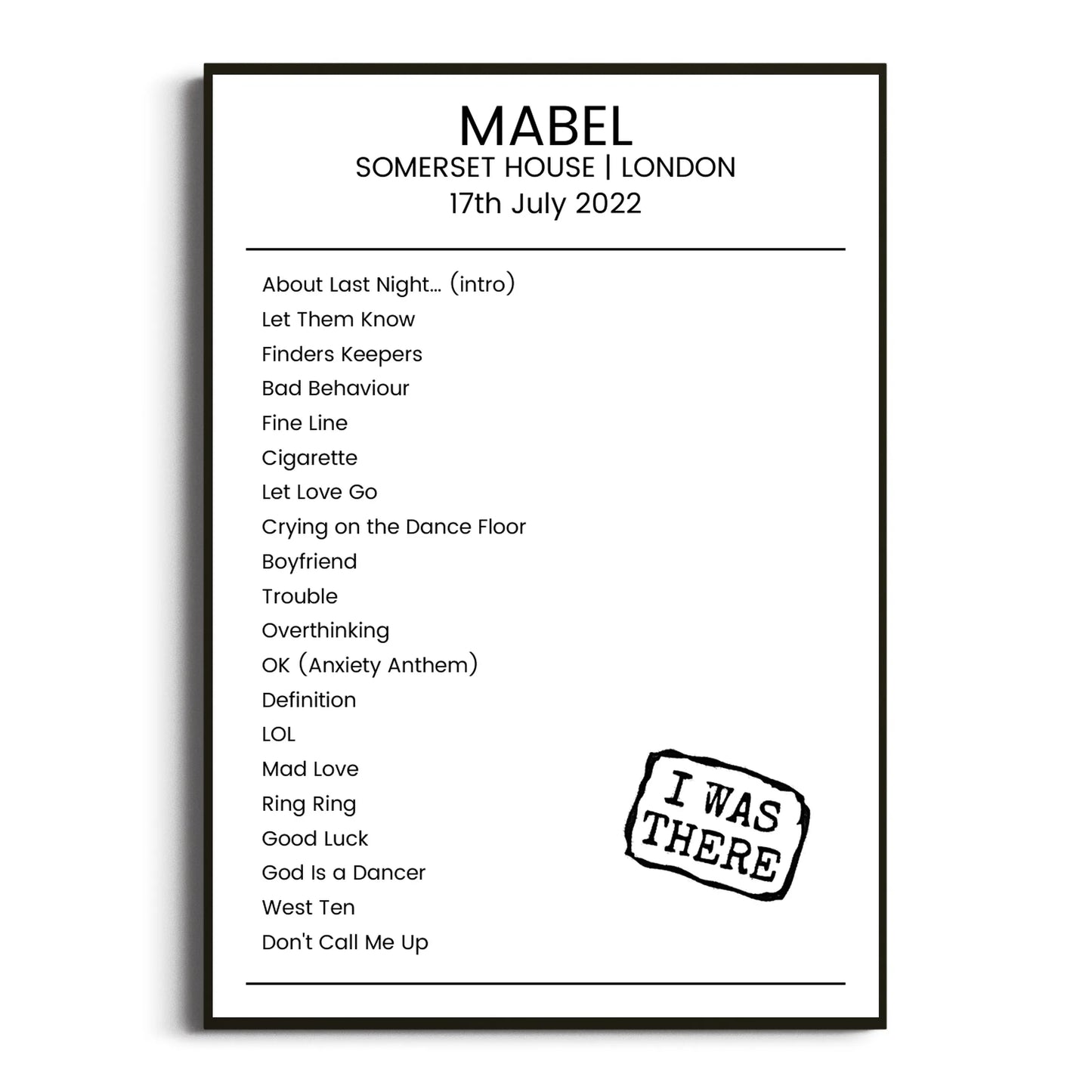 Mabel London 17 July 2022 Setlist Poster