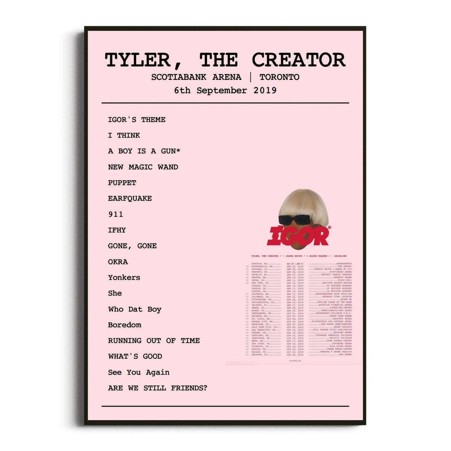 Tyler, The Creator Toronto 06 September 2019 Setlist Poster