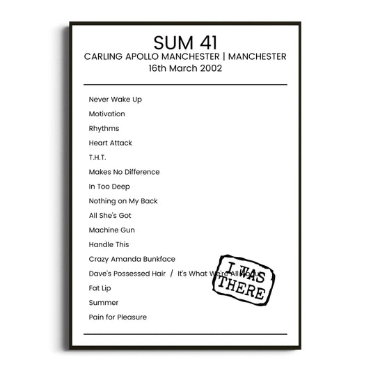 Sum 41 Manchester 16 March 2002 Setlist Poster