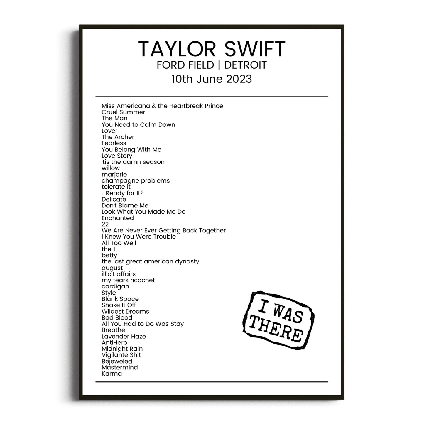 Taylor Swift Detroit 10 June 2023 Setlist Poster