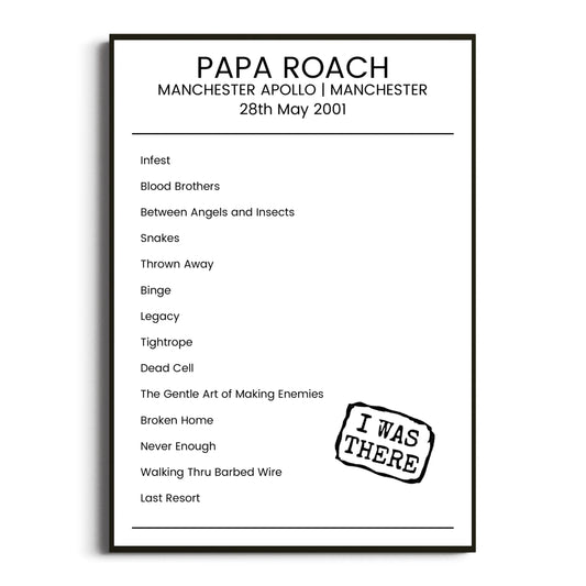 Papa Roach Manchester 28 May 2001 Setlist Poster