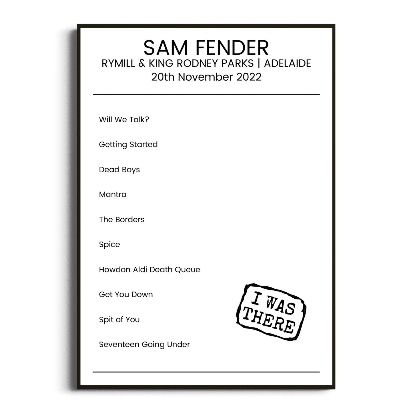 Sam Fender Adelaide 20 November 2022 Setlist Poster