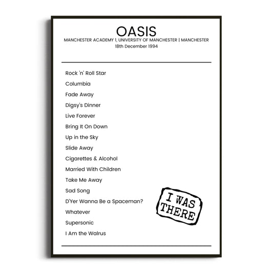 Oasis Manchester 18 December 1994 Setlist Poster