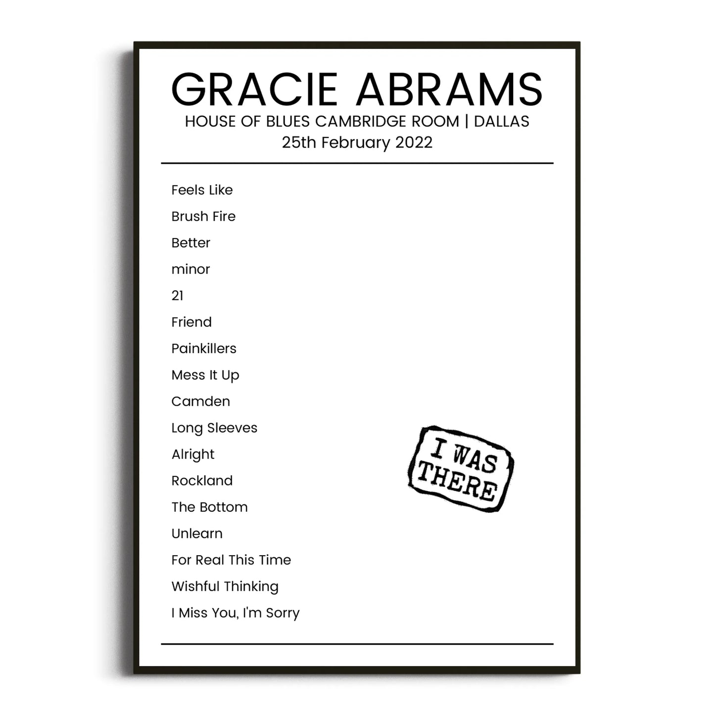 Gracie Abrams Dallas 25 February 2022 Setlist Poster