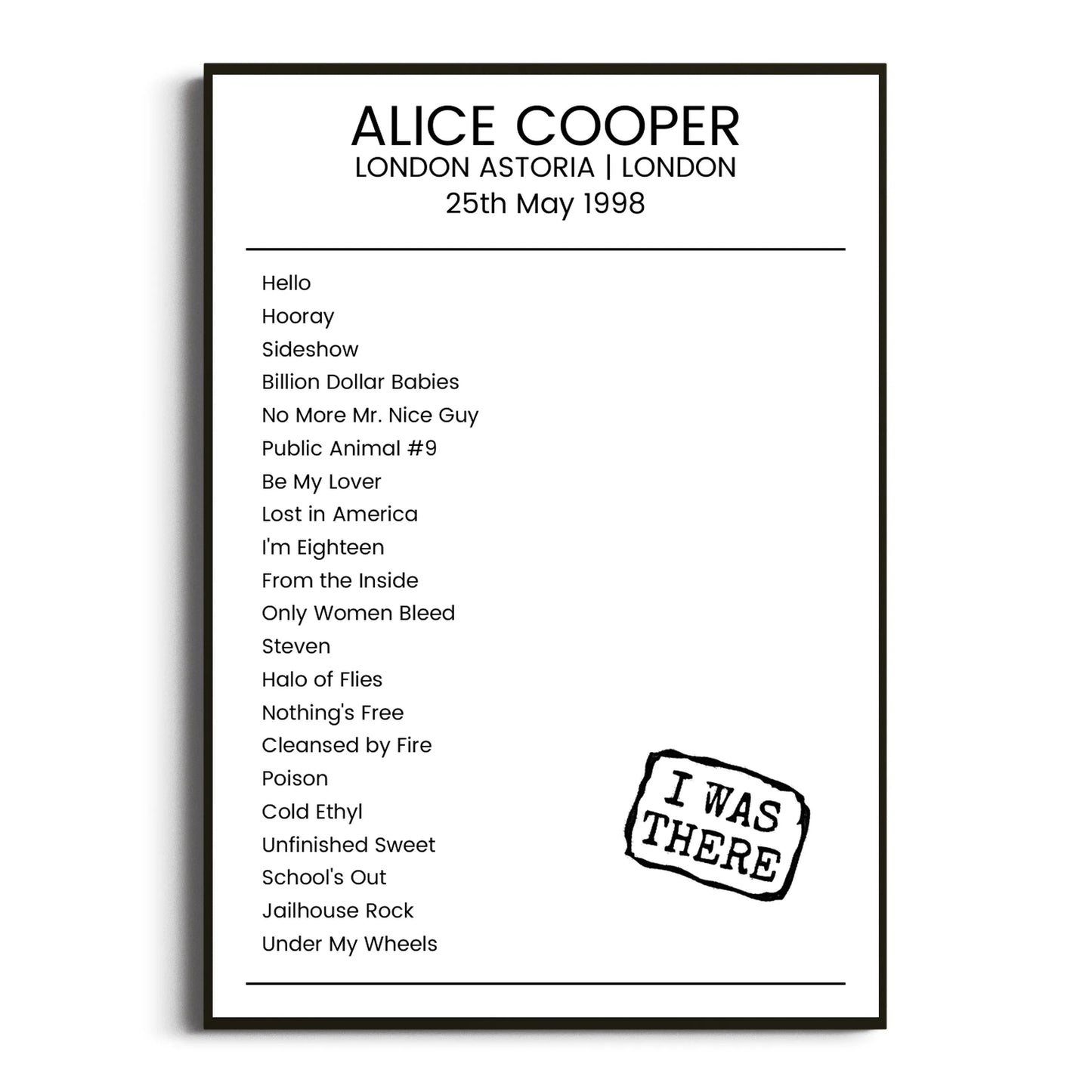 Alice Cooper London 25 May 1998 Setlist Poster