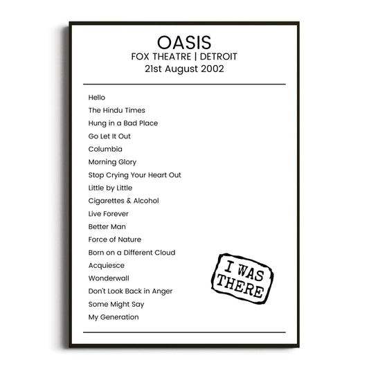 Oasis Detroit 21 August 2002 Setlist Poster