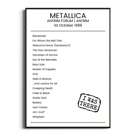 Metallica Antrim 01 October 1988 Setlist Poster