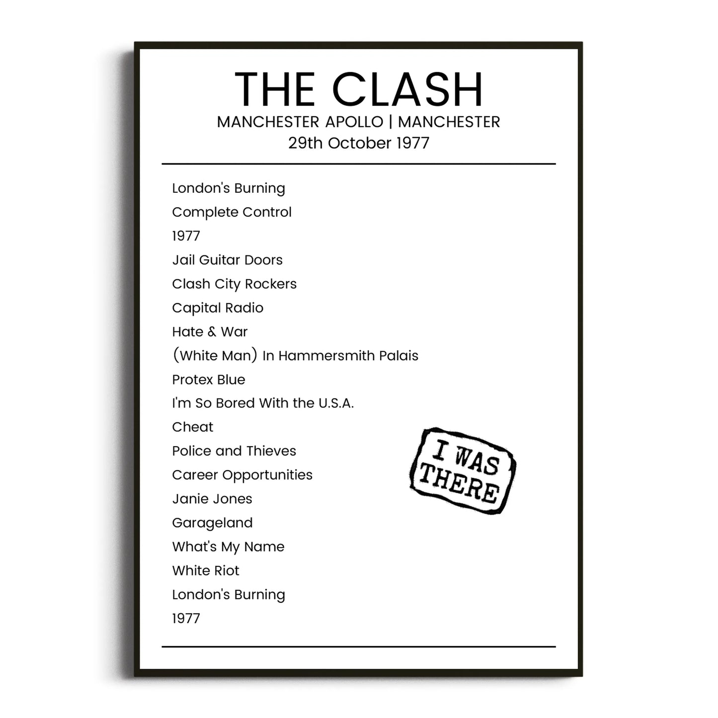 The Clash Manchester 29 October 1977 Setlist Poster