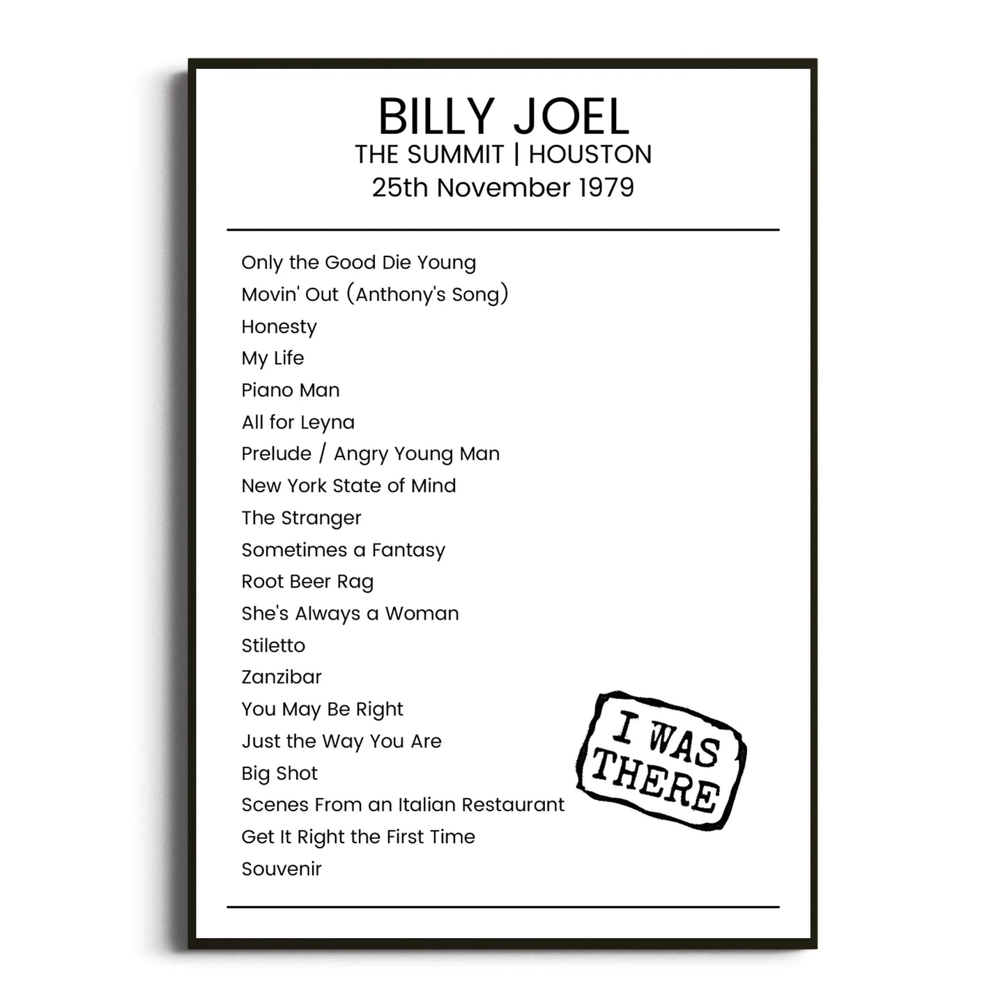 Billy Joel Houston 25 November 1979 Setlist Poster