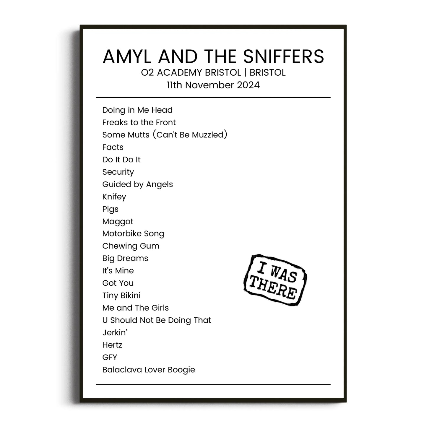 Amyl and the Sniffers Bristol 11 November 2024 Setlist Poster