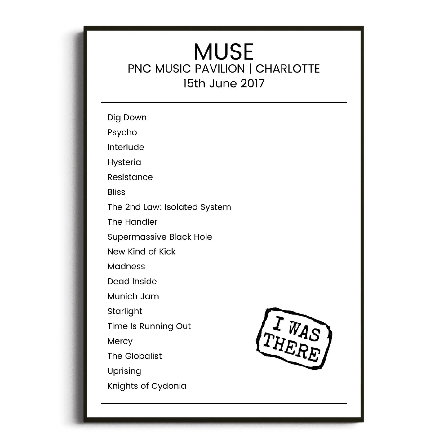 Muse Charlotte 15 June 2017 Setlist Poster