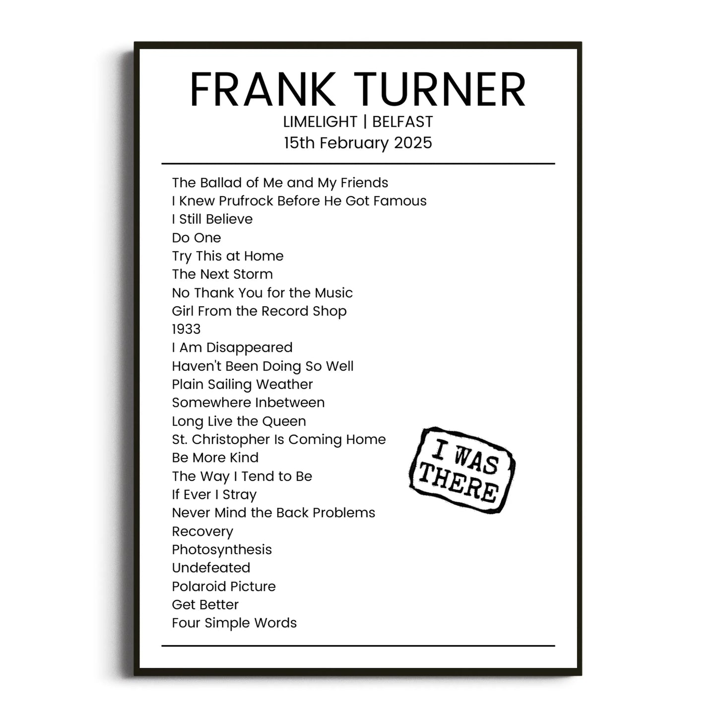 Frank Turner Belfast 15 February 2025 Setlist Poster