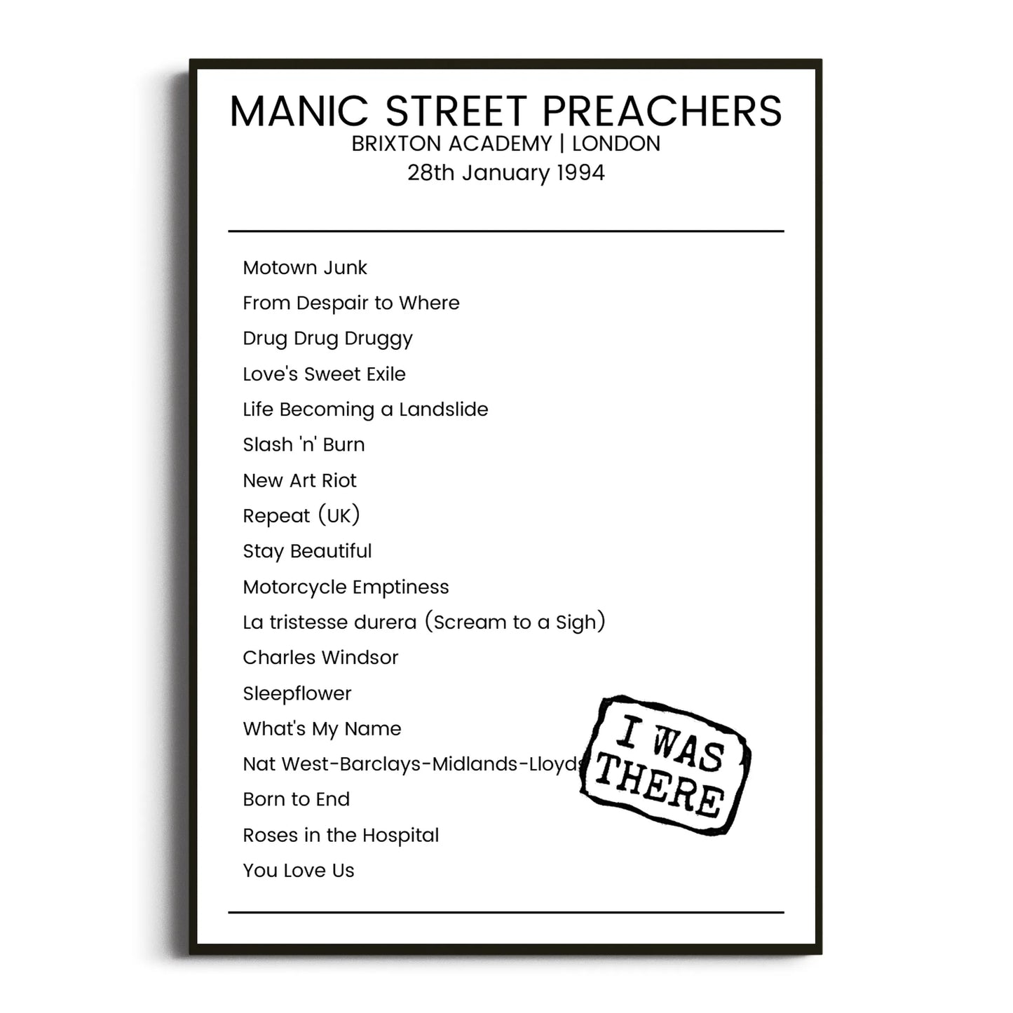 Manic Street Preachers London 28 January 1994 Setlist Poster