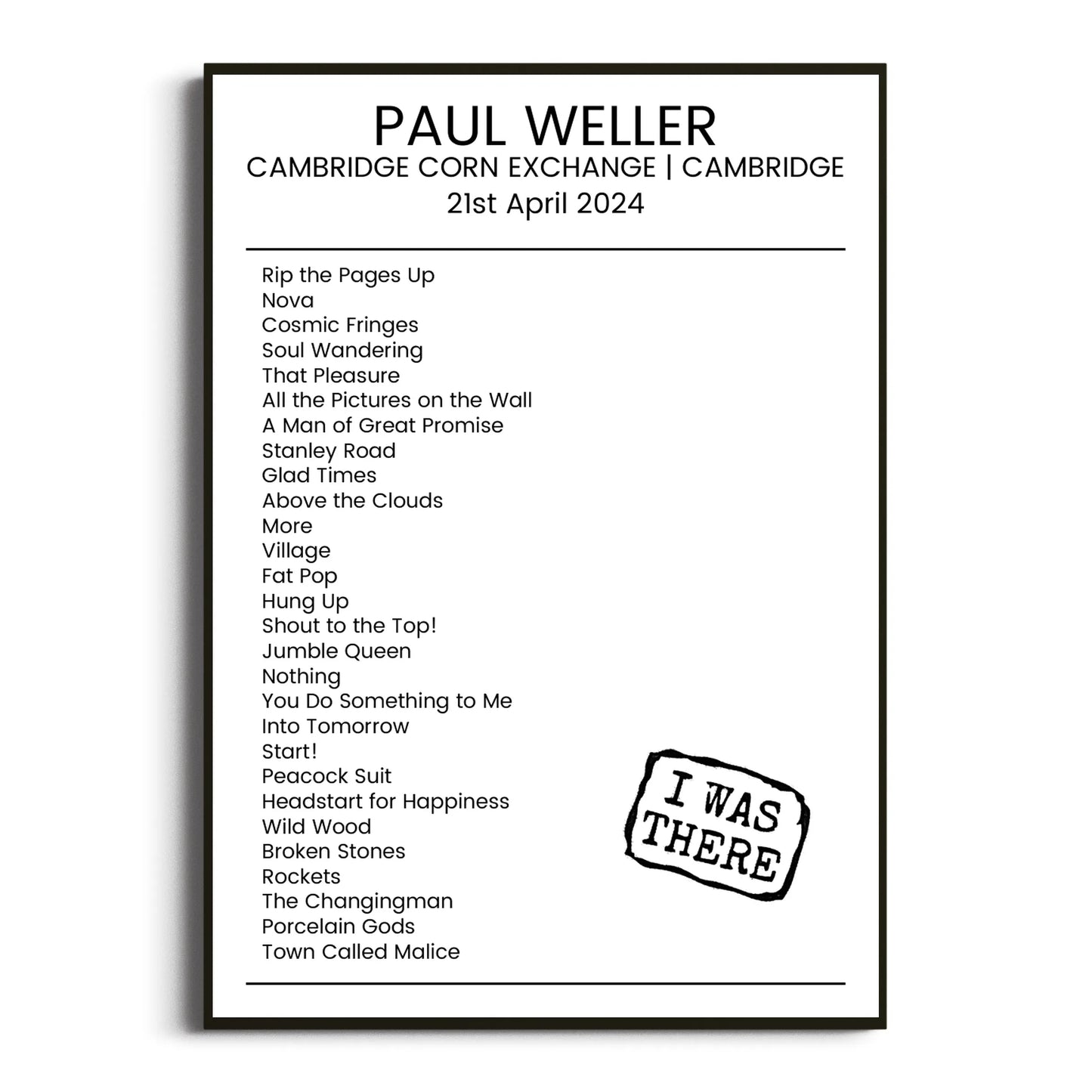 Paul Weller Cambridge 21 April 2024 Setlist Poster