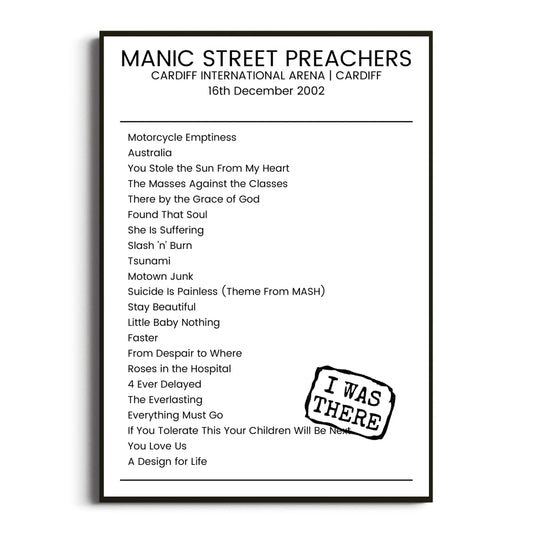 Manic Street Preachers Cardiff 16 December 2002 Setlist Poster